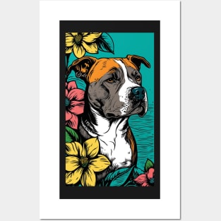 American Staffordshire Terrier PitBull Dog Vibrant Tropical Flower Tall Retro Vintage Digital Pop Art Portrait 4 Posters and Art